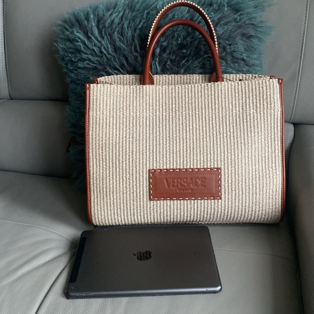 Authentic Versace bigger size Beige and Brown Athena Raffia Tote Bag new